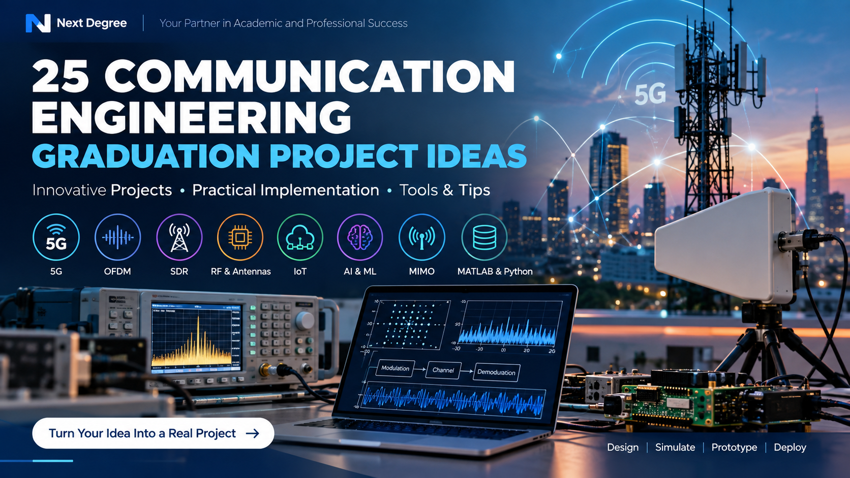 Communication engineering graduation project ideas featuring 5G, OFDM, SDR, RF, IoT, AI, MIMO, MATLAB and wireless communication systems.