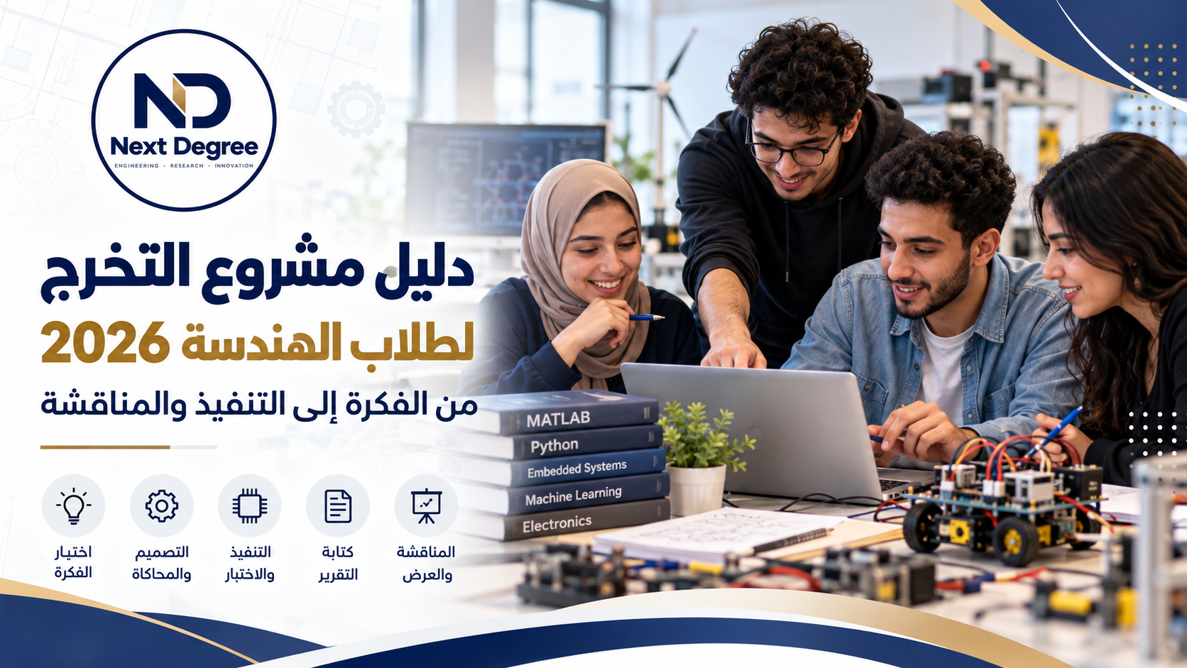 طلاب هندسة يعملون معًا على مشروع تخرج باستخدام MATLAB والبرمجة والدوائر الإلكترونية، دليل مشاريع التخرج الهندسية 2026 من Next Degree. Copy